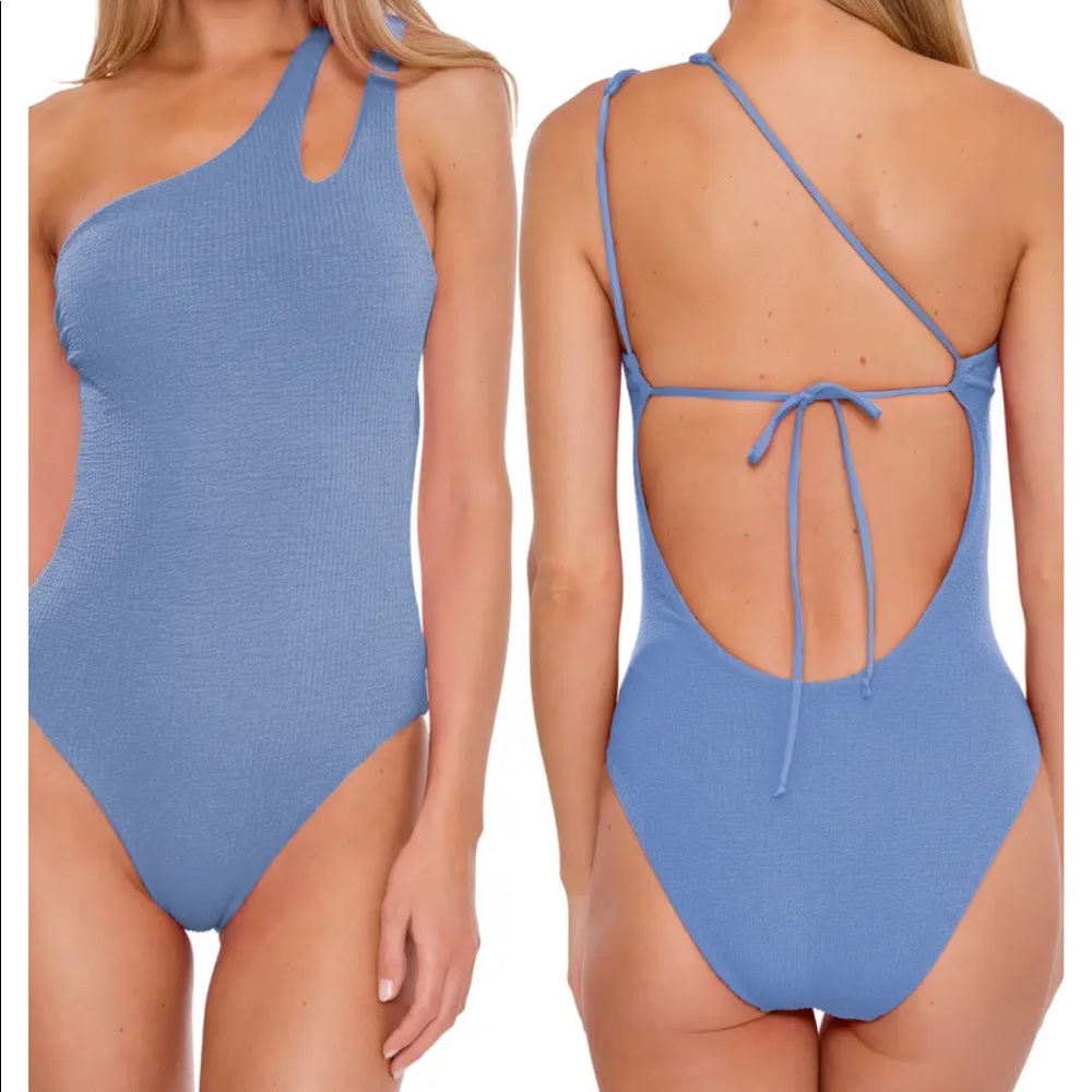 Pucker Up One-Shoulder One-Piece Swimsuit Blue Mist size small